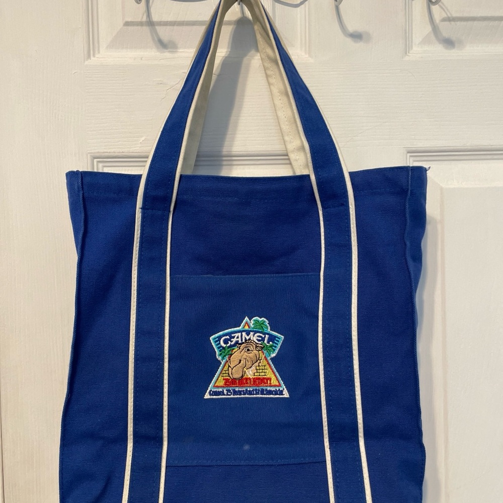 Vintage Blue Canvas Tote Bag with Camel Joe Cigarettes Logo